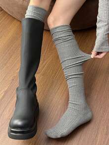 1 Pair Vertical Striped Thigh High Socks, Double Needle Knitted Long Stockings, Pair With Boots, Accentuate Leg Length, JK Style For Girls, Suitable For Daily Wear, Y2K Fashion, Comfortable And Warm - Double Needle Stacking Over the Knee - View 3