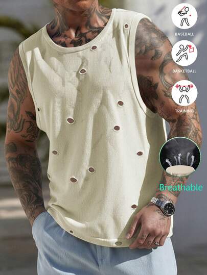 1pc Men's Summer Mesh Breathable Fabric Short Sleeve Shirt, Hollow Distressed Design, Elastic Sleeveless Tank Top, Suitable For Fitness, Running, Outdoor Sports
