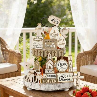 DIY复活节多层托盘装饰套装，复古字母木质桌面摆件，适合节日派对