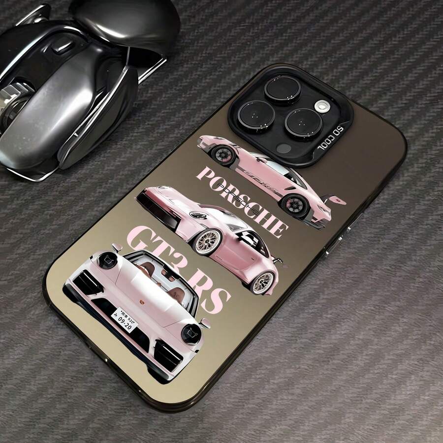 Porsches rosas en diferentes vistas que muestran detalles. Esta elegante funda es compatible con los modelos 17, 16, 15, 14 Pro Max, 13, 12, 11, XR y XS Plus. Fabricada en silicona TPU, ofrece protección contra golpes y caídas, además de una sensación superior. Es un regalo ideal para familiares, amigos y seres queridos, y una opción perfecta para Año Nuevo. - Negro - Ver 1