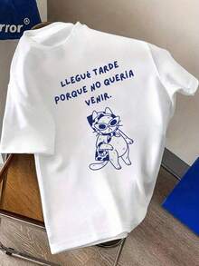 大码女式休闲“我迟到了，因为我不想来”卡通猫图案圆领短袖T恤，适合春季、夏季、秋季、情人节/返校季穿着，白色 - 白色 - 查看 3