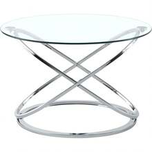 Mesa de centro redonda moderna de vidrio – tapa de vidrio templado de 26.7 pulgadas y base de pierna cruzada de color plateado chapado en cromo de lujo – Elegante mesa decorativa para sala de estar - 1 - Ver 9
