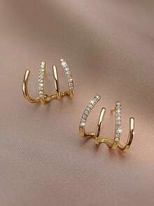 2pcs New Diamond Inlaid Minimalist Design Layered Curved Earrings For Women - Gold 2 - View 2