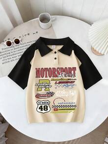 青少年男孩赛车风格设计印花Polo衫+赛车号码“48”标志图案工装裤 男孩夏季新款套装 - 彩色 - 查看 3