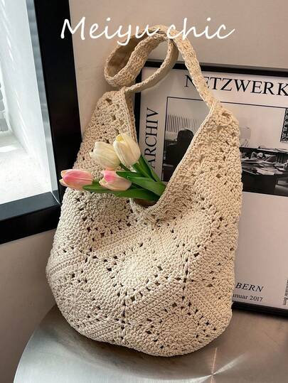 This Stylish And Minimalist Woven Shoulder Bag Features A Solid Color Design With Openwork Details And A Magnetic Closure. Its Versatile Design And Spacious Interior Make It Suitable For The Beach, Travel, Vacations, Business Commutes, Casual Wear, And Minimalist Styles. It's An Essential Item For Beach Vacations.