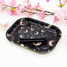 2 piezas, Bandeja metálica rodante - Diseño de patrón dorado misterioso - 18cm*14cm, Caja de almacenamiento de hierro con patrón negro y dorado, Adecuada para el almacenamiento de artículos pequeños, accesorios para fumar, portátil, adecuada para la decoración del hogar y la oficina. - Serie Oro Negro - Ver 4