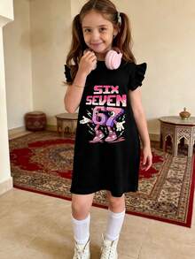 Teenage Girls' Ombre Interesting "67" Graphic Print Casual Elegant Dress - Black - View 9