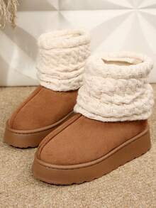 Warm Boots Shoes Snow Boots Ankle Boots Outdoor Short Knit Cuff Snow Boots Faux Furry Boot Upper Platform Sole Warm Lining Boots For Women - 棕色 - 查看 3