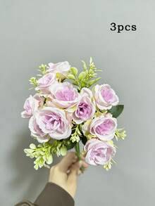 1/3支装12英寸人造玫瑰花束，仿真玫瑰，婚礼花束，新娘及伴娘花束，家居花园，客厅，商场花盒装饰，适用于房间装饰、家居装饰、厨房装饰、婚礼装饰、场景布置、客厅和卧室花瓶摆设 - 紅色 - 查看 10