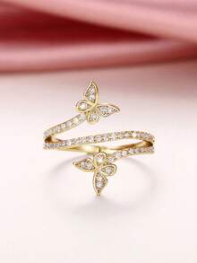 Geschenkbox eleganter Kubikzirkonia Schmetterling Wickelring, modischer Schmuck für Frauen zur Hochzeit, Verlobung, Party, hergestellt aus Kupfermaterial, nicht verblassend und hypoallergen, ideale Geschenkwahl - Gold - Übersicht 12