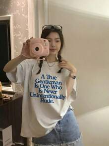 Women's Loose Fit Round Neck Short Sleeve Letter & Cartoon Print T-Shirt, Spring/Summer - Light Gray - View 4