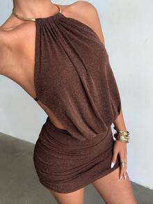 Brown Glitter Halter Neck Open Back Bodycon Mini Dress With Back Waist Tie Detail – Elegant Sexy Party Style Ideal For Party Nights, Carnival, Evening Going Out, Music Festival, Vacation, Plain Spring Summer Outfit - Coffee Brown - View 1