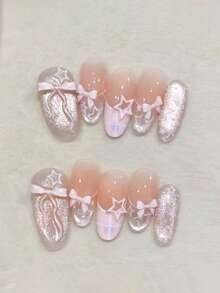 30片/套 中长款杏仁形甜美格纹法式猫眼腮红美甲贴纸，蝴蝶镂空星星美甲贴花，时尚简约风格 - 可重复使用设计，假指甲，包含1片果冻胶和1个指甲锉，适合女性和女孩日常及派对使用 - 彩色 - 查看 8