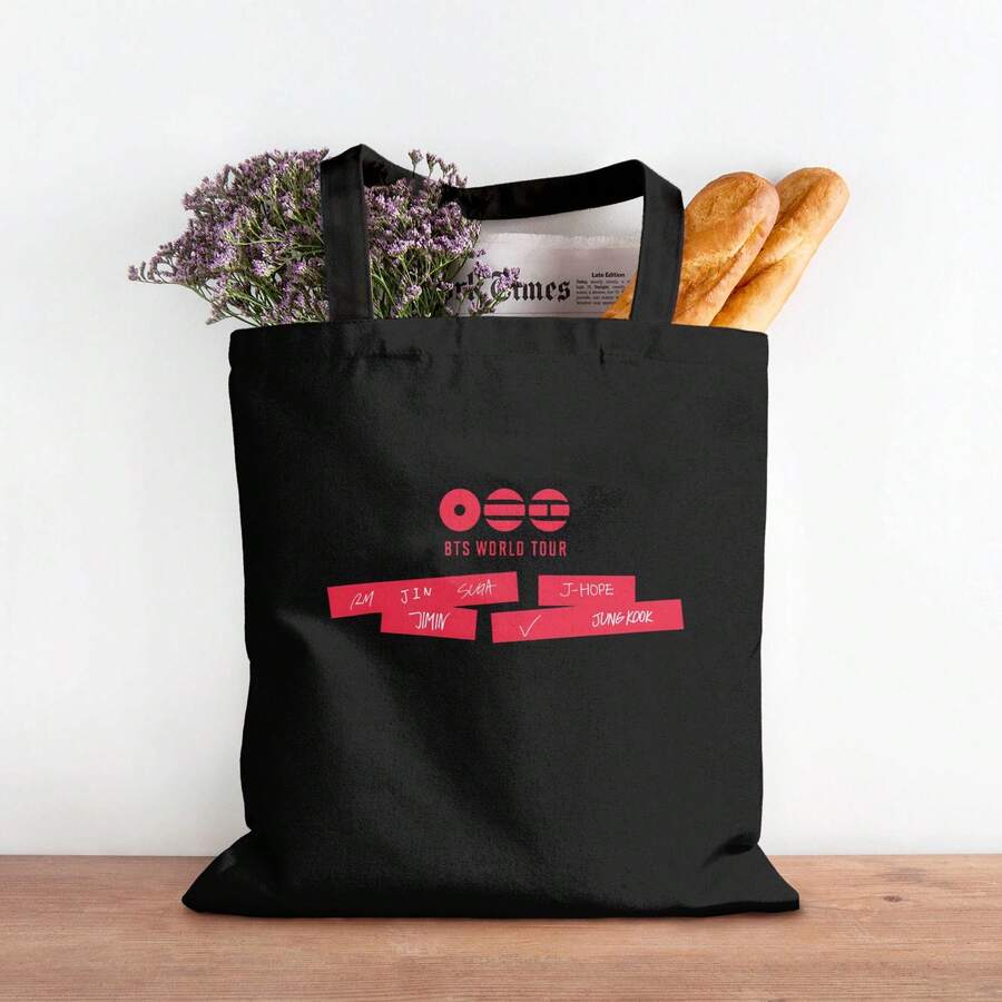 Bangtan World Tour 2026 New Album Merch Fashion Print Canvas Reusable Tote Bag Army Fans Merch, Unlined, No-Closure, With Fixed Shoulder Straps, Ideal For Personal Storage & Kpop Groupie Gifts - 黑色 - 查看 1