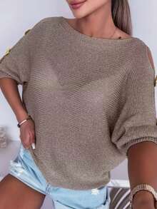 Women Loose Casual Chic Commuting Semi-Transparent Minimalist Knit Top, Batwing Half Sleeve Off Shoulder Design, Suitable For Spring/Summer Casual, Daily, And Vacation Wear - Khaki - View 3
