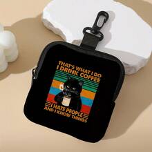 1个黑色猫咪印花黑色底零钱包，防水仿皮拉链袋，多功能迷你耳机收纳袋 - 彩色 - 查看 2