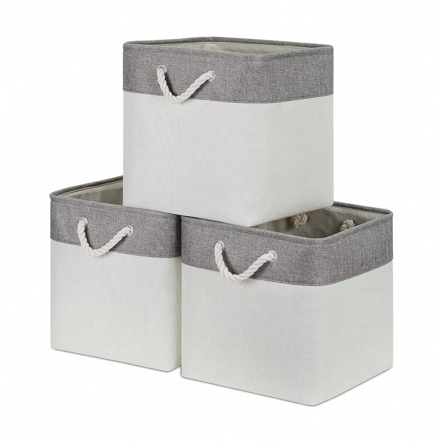 Fabric White Baskets For Shelves Set Of 3 Cube Storage Large Organizer Bins 13x13 Closet Storage Bins For Home Office Nursery Collapsible Storage Bins For Organization - 灰白 - 查看 1