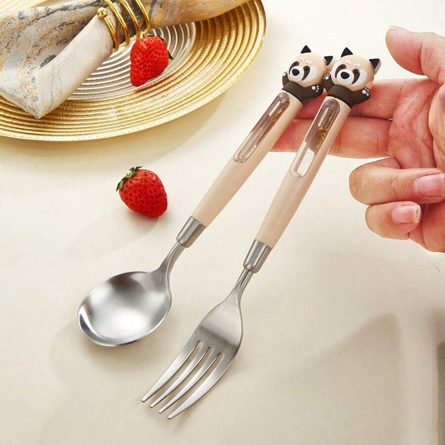 304 Stainless Steel Cartoon Raccoon Shaped Fork & Spoon With Plastic PP Handle, Children's Tableware, Household - Silver - View 1