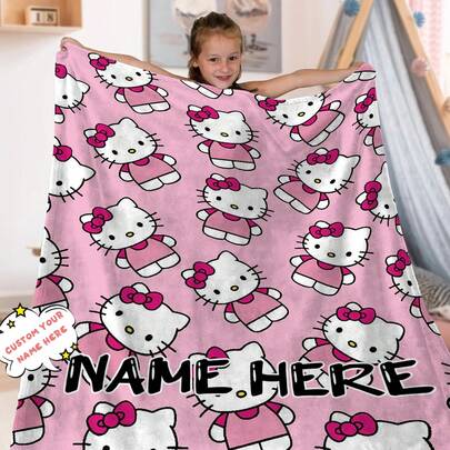 SANRIO 1pc Hello Kitty Portrait All-Over Print Flannel Blanket, Classic Hello Kitty Portrait Print As The Main Design, In Sweet Pink Style - Soft & Skin-Friendly, Warm, Versatile, Suitable For Sofa, Bedroom, Children's Nap, Dorm, Travel, Camping, Lightweight And Easy To Store, An Ideal Gift For Children Or Loved Ones.