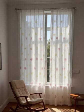 1 片白色花卉印花薄纱窗帘，适用于客厅、阳台、落地窗，粉色花卉印花透明窗帘片