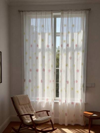 1 pièce Rideau en voile à imprimé floral blanc pour le salon, le balcon, les fenêtres du sol au plafond, panneau de rideau transparent à imprimé fleurs roses