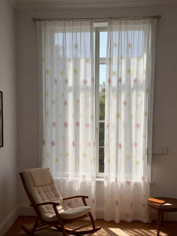 1pc White Floral Print Voile Curtain For Living Room, Balcony, Floor-To-Ceiling Window, Pink Flower Print Sheer Curtain Panel