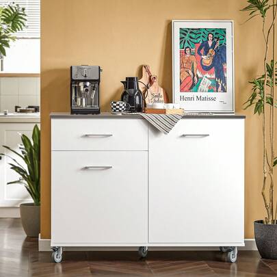 SoBuy FKW117-W, Kitchen Island Kitchen Cabinet Cupboard Sideboard On Wheels Kitchen Storage Trolley With Stainless Steel Worktop