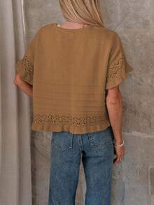 Women's Sweet Crochet Top, Short Sleeve Round Neck Sweater With Cute Ruffle Hem For Spring Summer - màu nâu - Xem 2