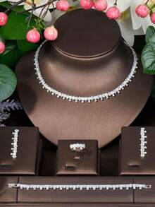 1 Set Minimalist Cubic Zirconia Rhombus Decor Jewelry Set, Suitable For Women's Daily Wear - Silver - View 2