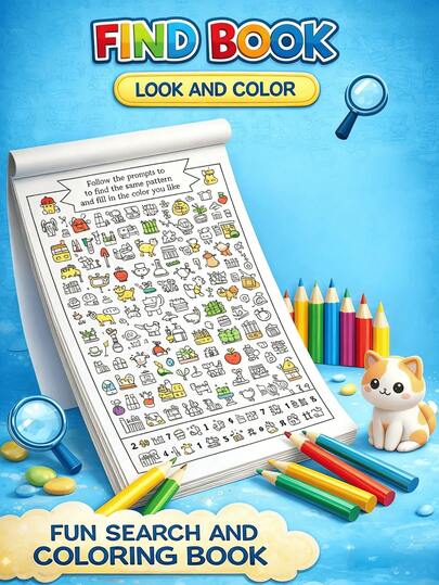 1pc Children's Interactive Treasure Hunt Coloring Book (With Hidden Patterns), Fun Treasure Hunt Coloring Book - Follow The Clues To Find The Matching Patterns, And Color Them With Your Favorite Colors, To Improve Focus, Observation, And Fine Motor Skills. Includes Writing Practice Pages, An Ideal Gift For Classroom Learning, Back-To-School Season, As Well As Christmas And Easter.