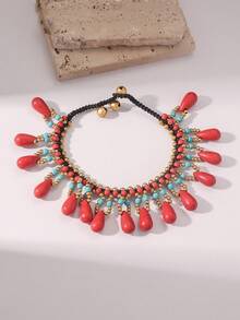 1 chiếc lắc chân dệt hạt ngọc lam phong cách Boho có mặt dây chuyền nhiều màu sắc, phù hợp cho trang phục hàng ngày và lễ hội của phụ nữ, đặc biệt phù hợp cho mùa hè (Sắp xếp đá hình giọt nước thủ công ngẫu nhiên) - Giọt nước màu - Xem 9