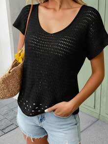 Sexy Casual Deep V Neck Hollow Out Woven Fabric Sheer Regular Length Sweater Vest For Women - Black - View 1