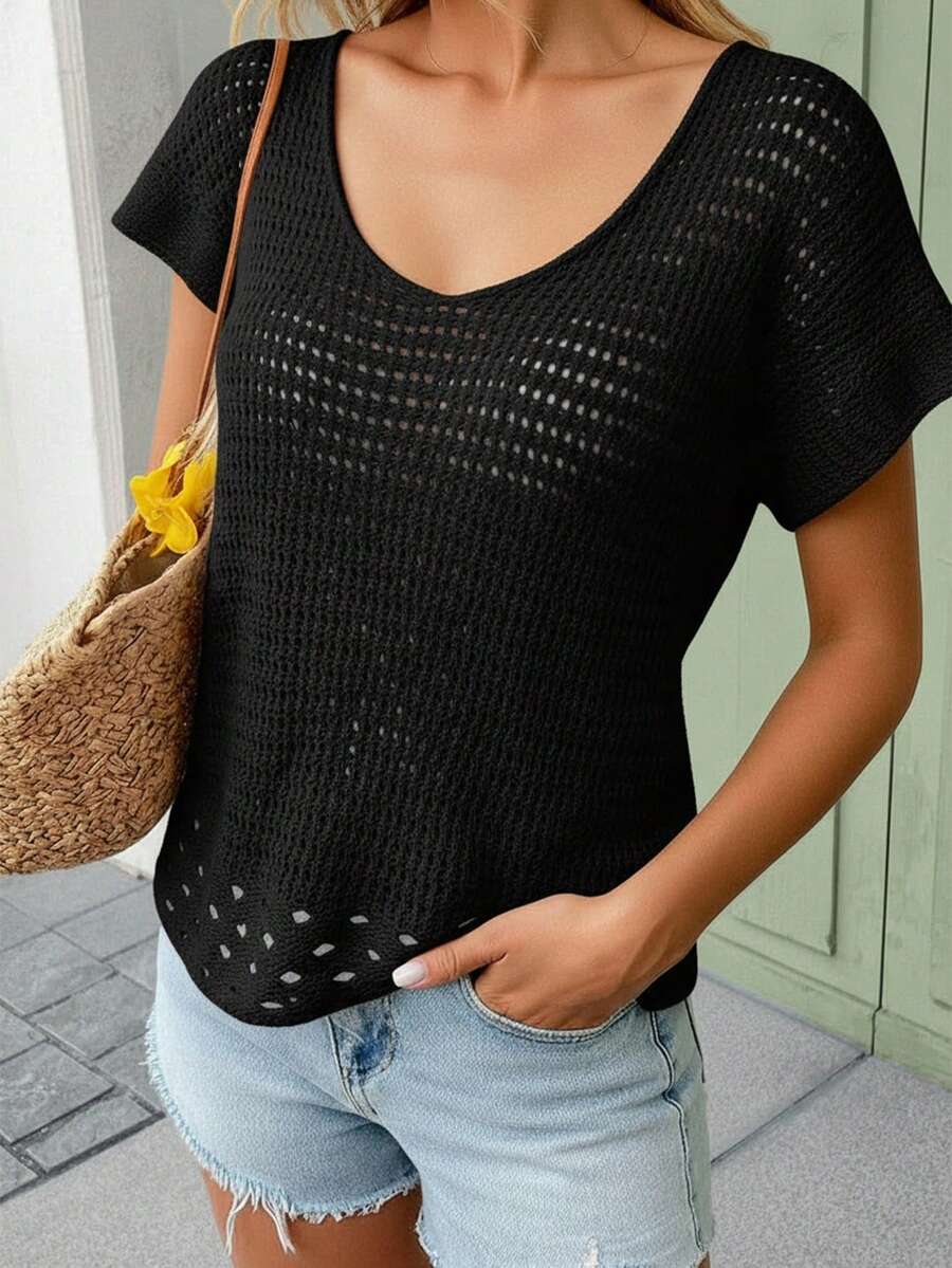 Sexy Casual Deep V Neck Hollow Out Woven Fabric Sheer Regular Length Sweater Vest For Women - Black - View 1