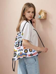 1pc Customized Name Cartoon Car Pattern Drawstring Backpack, Can Be Customized According To Your Unique Design, Perfect For Children, Print Your Own Name Or Print Your Sister's And Classmates' Names As A Gift To Give To Others - Multicolor - View 8