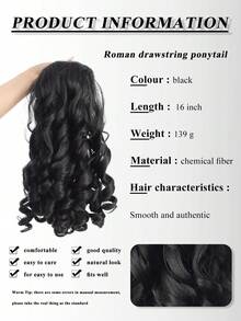 16 Inch Black Deep Wave Curly Synthetic Hair Extension, Fluffy Roman Roll Drawstring Ponytail,Drawstring Ponytail Clip-In, Suitable For Women Party And Daily Wear - Black - View 5