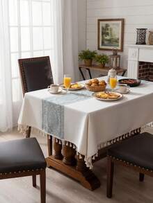 1pc Vintage American Country Style Green Floral Jacquard Tablecloth With Tassels, Rectangular Decorative Cover For Dining Table, Coffee Table, TV Stand, Entryway, Suitable For Holidays, Parties, Weddings, Banquets, Home Decor, All Seasons - Multicolor - View 3