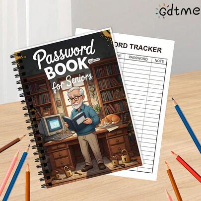 GDTME 1 Stück Großvater Passwort Notizbuch, beidseitiger Druck & Spiralbindung. Der Umschlag zeigt eine warme Szene eines freundlichen älteren Mannes, der in einem vintage Arbeitszimmer ein Buch liest, umgeben von Schlössern, Schlüsseln und einer gemütlichen Katze, mit dem Text "Notizbuch für Passwörter der Älteren". Speziell für ältere Menschen entwickelt, um ihre verschiedenen Kontopasswörter übersichtlich und sicher zu verwalten. Schreibwaren, Tagebuch, Notizbuch, Bürobedarf.