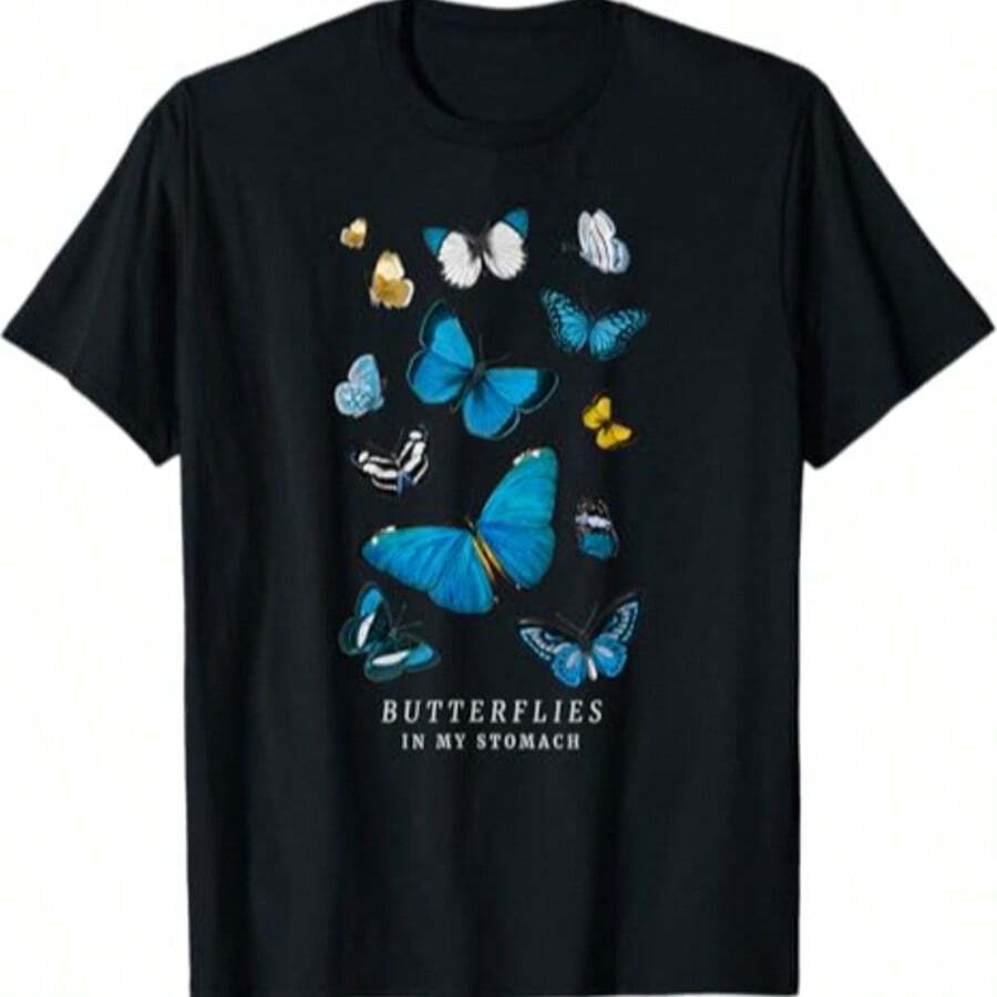KITH Butterfly Art Print T-Shirt Round Neck Cotton Summer Casual Sports Loose, All-Season, Family T-Shirt As Gift - 黑色2 - 查看 1
