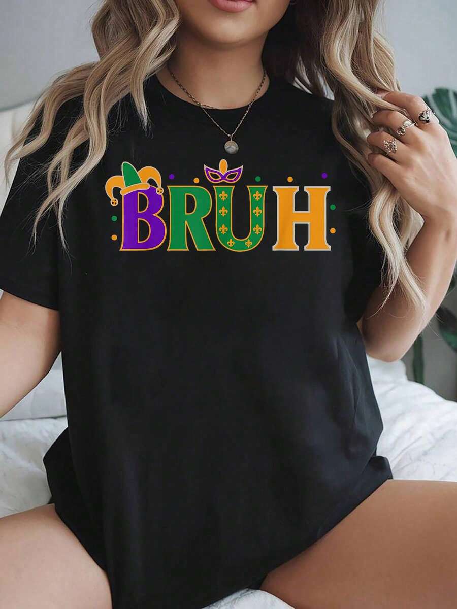 Camiseta Mardi Gras Bruh para niños, adolescentes y hombres. Camisetas para primavera y verano 2026. Conjuntos para mujer, tops negros tees - Negro - Ver 1