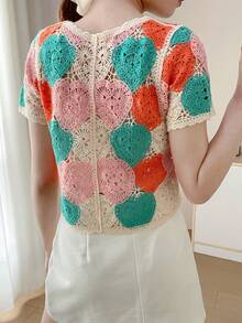 Wixra Macaron Heart Crochet Cardigan, Sweet Hollow Out Short Knit Top - Pink Green - View 3