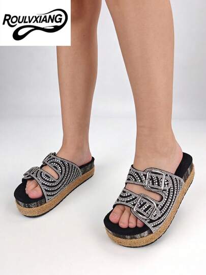 roulvxiang Giày sandal đế xuồng đính hạt, khóa cài, sequin và đá quý, phong cách retro Y2K, thích hợp cho tiệc tùng mùa xuân/hè.