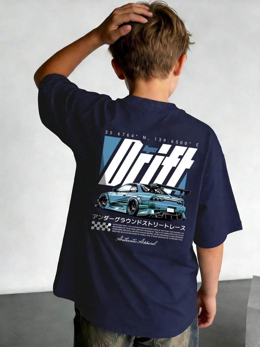 男童休闲印花圆领短袖T恤，夏季上衣 - 藏蓝色 - 查看 1