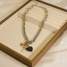 Must-Have For Hot Girls! Heart Lock Cuban Chain Necklace, Sweet Cool Punk Style Clavicle Chain - Silver - View 6
