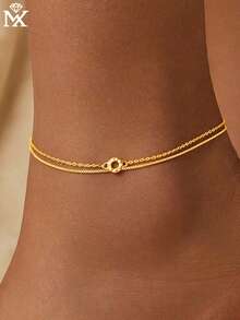 SYMFNY 1条925纯银极简双层盒式链，圆形链环，罗马数字吊坠脚链，适合女性日常佩戴，夏季假日适用 - 金黃色 - 查看 1