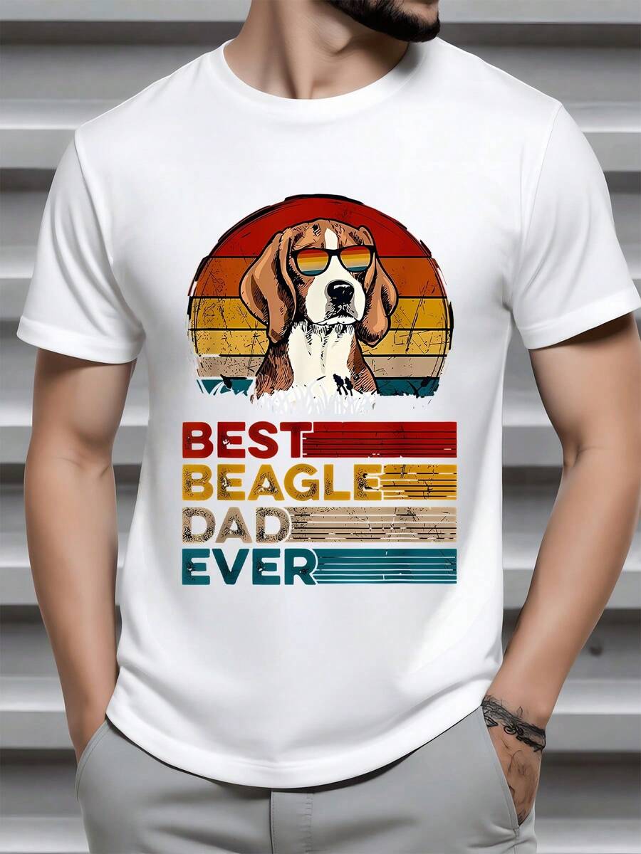 Illustration d'un chien beagle avec lunettes de soleil devant un coucher de soleil rétro pour amoureux des chiens Tshirt homme coton noir coupe classique - Blanc - Voir 1