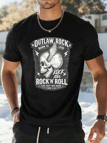 T-shirt à motif tête de mort Outlaw Rock, tissu de qualité, col rond, coupe décontractée - Noir - Voir 1