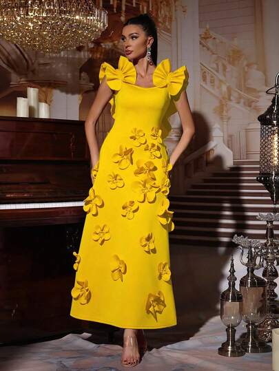 New Elegant 3D Floral Decor Fashion Ruffle Trim Sleeveless Dress, Women Long Formal Gown For Wedding Guest, Bridesmaid, Party, Evening Occasion