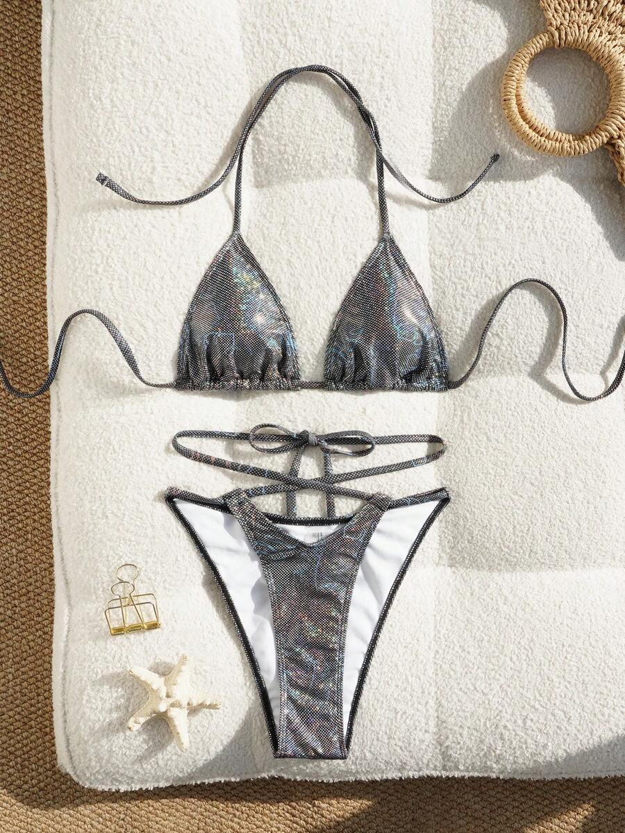 女士露背全息亮片比基尼两件套，性感休闲高弹泳衣，交叉绑带设计 - 黑色 - 查看 1