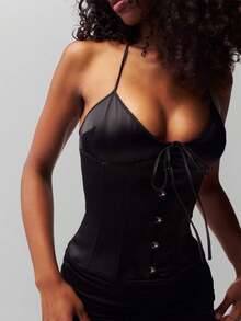 Women's Tie Front Button Down Cami Top Y2k Spaghetti Strap Bustier Corset Tops Camisole - Black - View 3