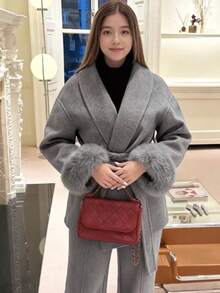 女士保暖外套，V领，落肩长袖，系带设计，毛绒袖口，优雅款式，适合秋冬季穿着 - 灰色 - 查看 3